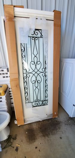 32 inch JELD-WEN Wyngate Full Lite Decorative Glass Left-Hand inswing White Painted Steel Prehung Entry door