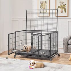 Dog Crate with Divider 43" Rolling Heavy Duty Dog Cage