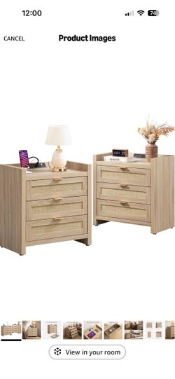 Nightstands Set of 2, Tall Bedside Table with 3 Drawers Farmhouse Boho Night Stand with Type-C Charging Station, Storage