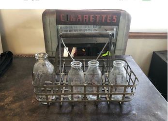Vintage rustic glass milk bottle basket