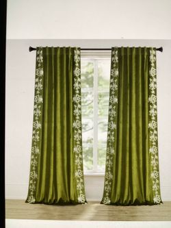 Luxury Velvet Curtains back tab 52x96L white flowers embroidered Olive curtains 2 panels