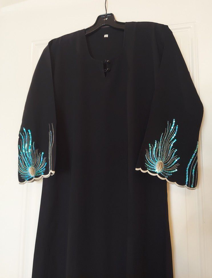 FLARE SLEEVE DRESS W/ SEQUIN HEMLINES AND MATCHING SCARF FROM DUBAI ( ABAYA DRESS ) 