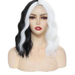 Stylish Cruella de Vil Inspired Wig – Black & White Curly Bob Wig for Women