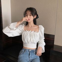 Korean Women's Puff Sleeve Crop Top Sexy Square Neck Short Chiffon Long Sleeve Blouse