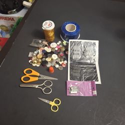 Bundle Of Sewing Supplies- Package Of 50 Sewing Needles, 3 Pairs Of Scissors, Lots Of Buttons, Blue Glitter Ribbon & Metal Ribbon Ends