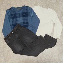 Blue plaid sweater 3 piece outfit, unfinished hem shirt & black jeans, Sz.6