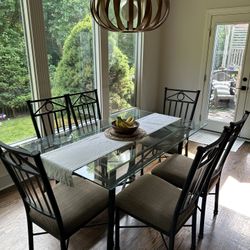 Glass Dining Table with 6 Chairs – Sturdy Metal Frame – 60”x36”