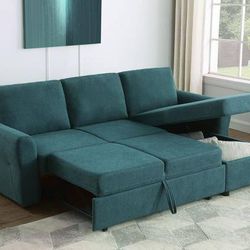 **Super Sale**  Sleeper Sectional With Chaise!  Beautiful Teal Blue Fabric!