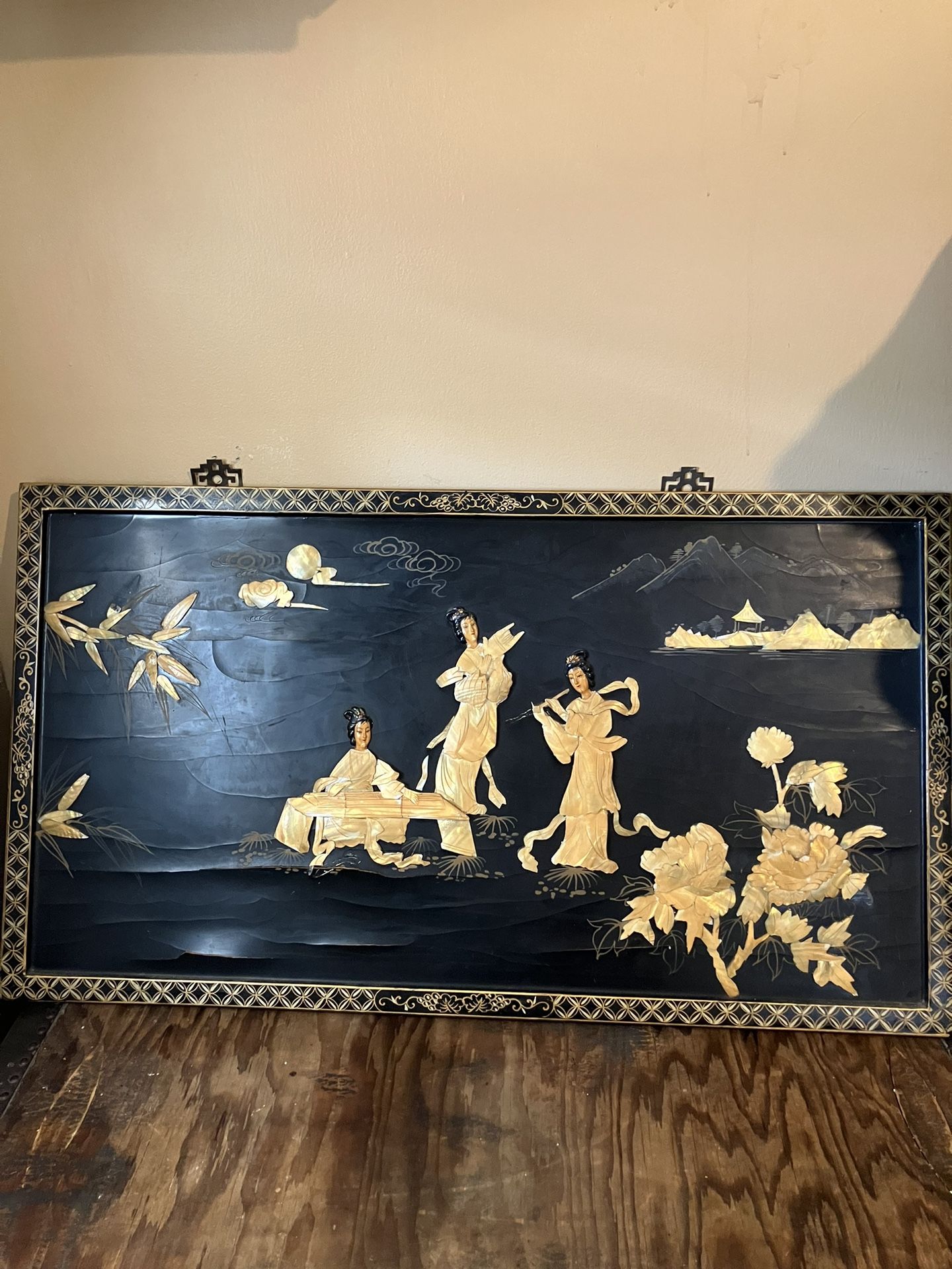 Vintage Ivory Asian Wall Panel Shell Lacquer
