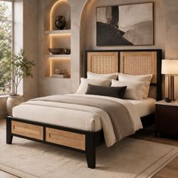 Full Size Rattan Bed Frame with Headboard, Boho Metal Platform Bed.