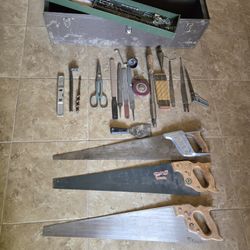 Vintage Carpenters Saw Box And Tools 