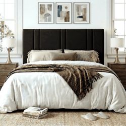 King Size Bed Frame, Platform Bed with Upholstered Velvet Adjustable Headboard, Wooden Slats, Easy Assembly, Black