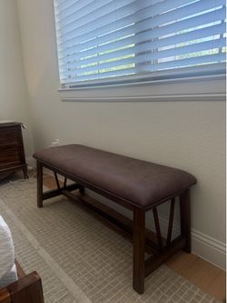 Modern Wood Bench w/ Cushioned Leather Seat
