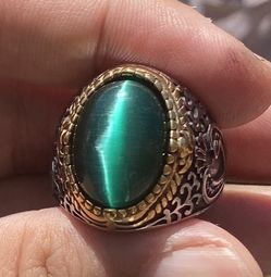 Size 11 Mens Green Cat Eye Stone Ring For Men Stainless Steel