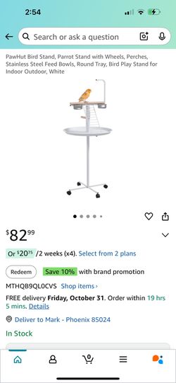 PawHut Bird Stand, Parrot Stand with Wheels, Perches, Stainless Steel Feed Bowls, Round Tray, Bird Play Stand for Indoor Outdoor, White