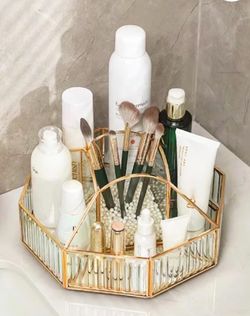Rotating Makeup Organizer: Water-Ripple Glass Vanity Storage