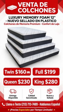 Luxury  memory foam queen size 12” New mattress in a plastic sealed.     Venta de colchones  ☎️📲call or Tex (213)713-74-89   Hablamos Español  Mattre