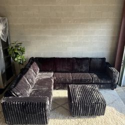 Viral Fluffy Black Corduroy Sectional + FREE Ottoman — Ultra Cozy & Stylish