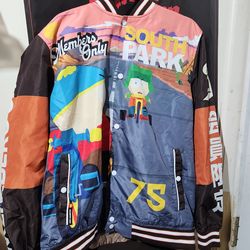 South Park Members Only bomber jacket featuring Cart and Kyle