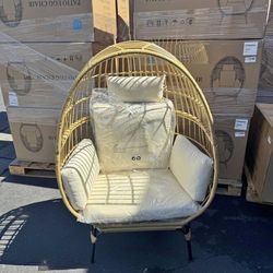 New Indoor/ Outdoor Wicker Egg Chair Oversized Indoor Outdoor w/ Steel Frame, 440lb Capacity, Ivory 