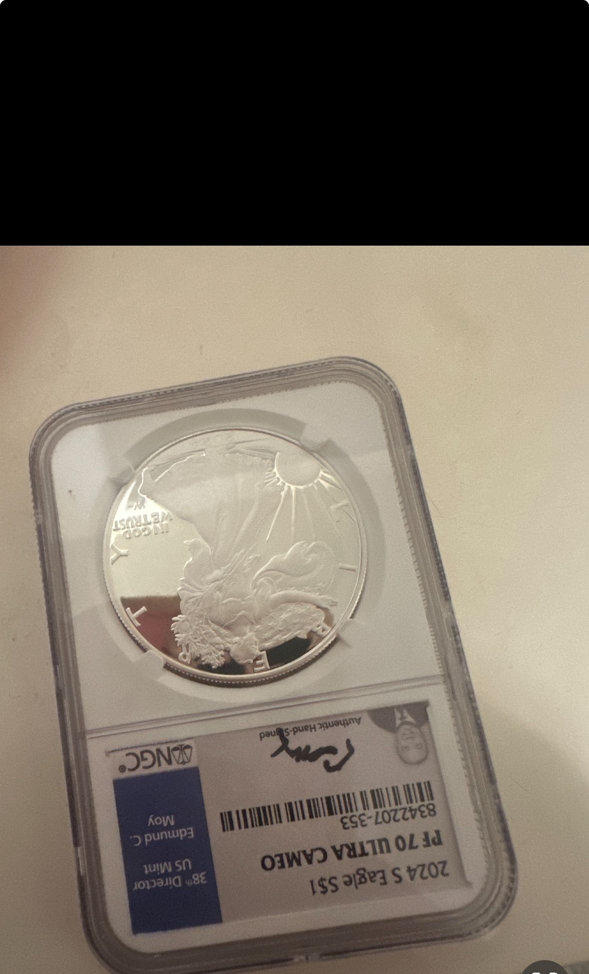 2024 S Eagle S$1 PF 70 ULTRA CAMEO Sliver Hand Sign