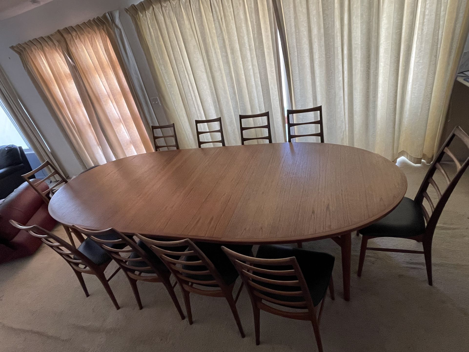 Danish, Mid Century Modern Dining Table, 10 Chairs