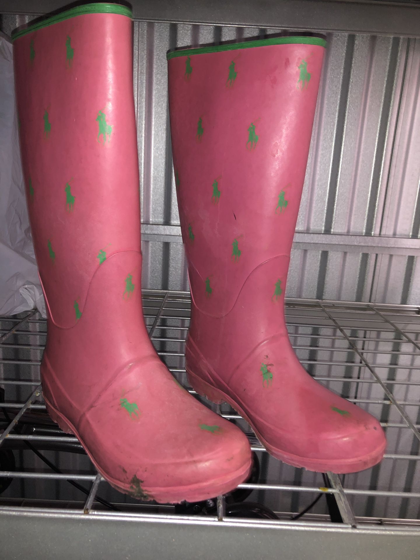 Pink polo rain boots