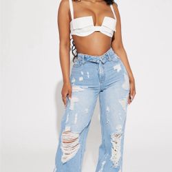 Summer Fling Destroyed Fold over Baggy Jean- light Wash