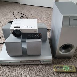 AuKing Mini Projector & Fisher 5.1 Surround Sound Home Theater System w/ Powered Subwoofer