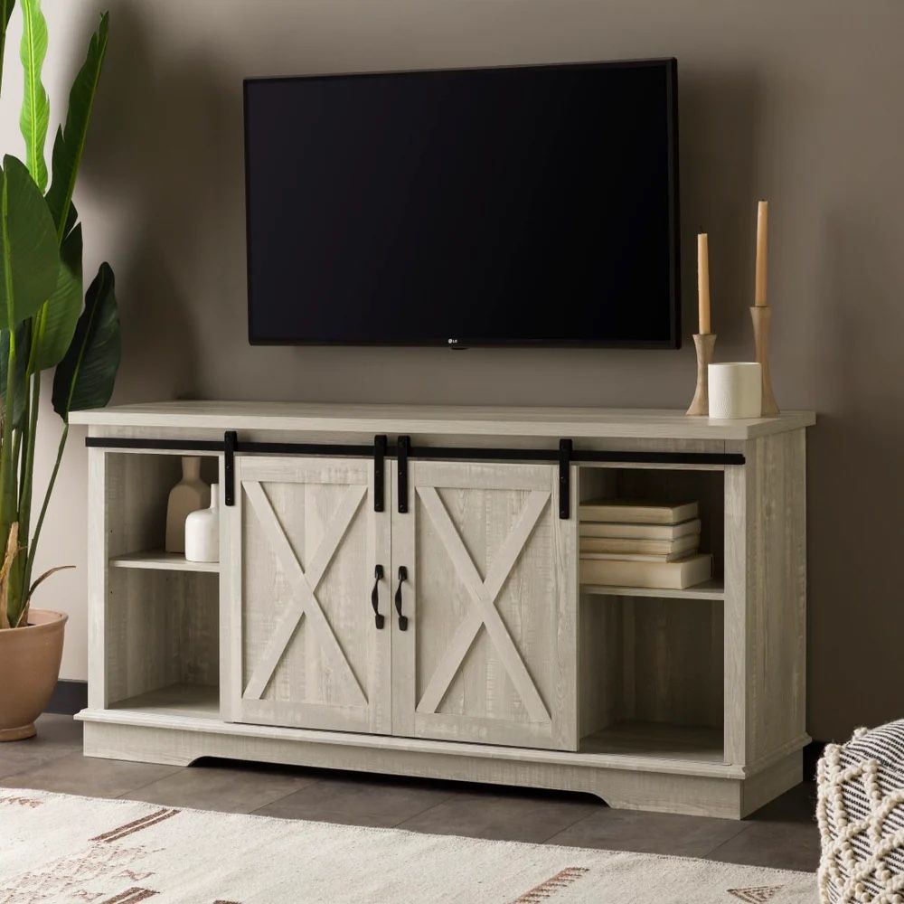 New Farmhouse Sliding Barn Door TV Stand in Stone Grey