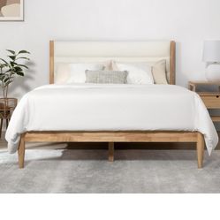 KISLOT Wood Bed Frame with Headboard Upholstered Platform Mattress Foundation,Strong Wooden Slat Support,No Box Spring Needed