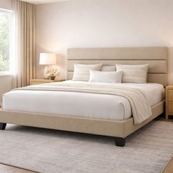 King bed Platform Bed Frame with Fabric Upholstered Headboard and Wooden Slats Support, Fully Upholstered Mattress Foundation/No Box Spring Needed/Eas