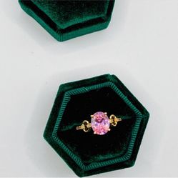 NEW 18K Rose Gold Plated Cushion Cut Oval Pink Starburst Simulated Diamond Adjustable Ring 