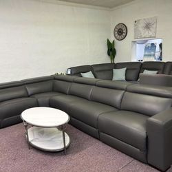 Furniture- 100% Real Top Grain Leather Sectional With 3 Power Recliners- Nevio