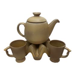 Vintage Frankoma Pottery Desert Gold Breakfast Set - Teapot, Warmer Base, 2 Mugs