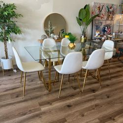 White Gold Velvet Glass Dining Set For 6