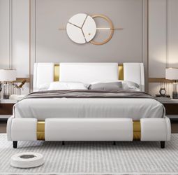 Queen Size Faux Leather Upholstered Platform Bed Frame with Golden Iron Metal Decor, Adjustable Curved Headboard, Wooden Slats Support, No Box Spring 