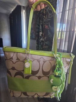2009 Coach Signature Tote. Khaki/Tan & Apple Green Stripe Tote Bag F13548