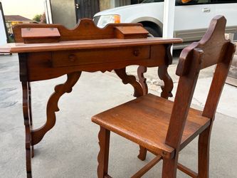 Antique Italian writing desk. Oak. Desk and matching chair.