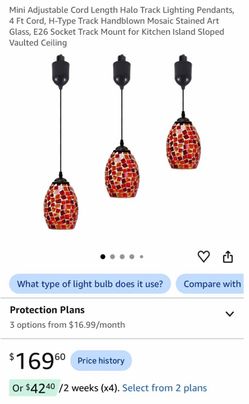 Mini Adjustable Cord Length Halo Track Lighting Pendants, 4 Ft Cord, H-Type Track Handblown Mosaic Stained Art Glass, E26 Socket Track Mount for Kitch