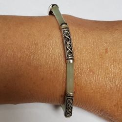 Vintage 925 Sterling Silver,  Jadeite And Marcasite Link Bracelet