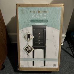 Hives and Honey Kennedy Jewelry Armoire - Modern Wood Storage Organizer with Necklace Hooks, 5 Drawers, and Vanity Mirror, Black
