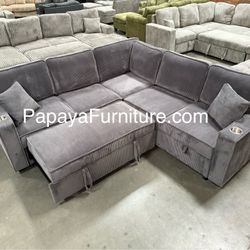 New! Dark Grey Sectional Sofa Bed, Sofabed, Sectional Aofa With Pull-out Bed, Corduroy Sectional, Sofas, Couch, Sleeper Sofa, Plush Sectional With USB