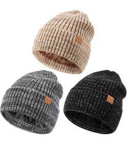 🆕 in 📦3Pack Winter Hats,Warm Fleece Lined Beanie for Men Women,Fashionable Knit Hat Skull Cap for Cold Weather