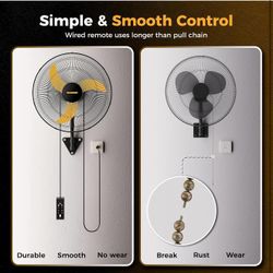 20 Inch Wall Mount Fan Oscillating, Extended 3.3ft Wired Remote and 6.6ft Power Cord, 3-Speed S-52