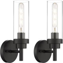 Emak Black Wall Sconces Set of Two, Modern Vanity Lights with Clear Glass Shade, Wall Lights for Bathroom, Bedroom, Living Room, Hallway, WS085-BK-2PK
