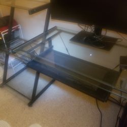 Office Desk / Computer Desk - Black Steel Frame Glass Top Desk with Pull Out Keyboard & 3 Glass Side Shelfs