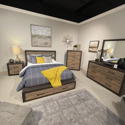 4 PCS QUEEN BEDROOM SET: QUEEN BED FRAME, NIGHTSTAND, DRESSER, MIRROR