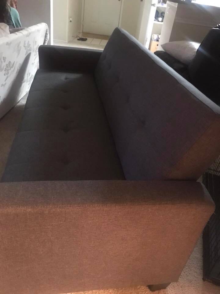 Grey futon mattress sofa, and 36 inch double dor dog crate