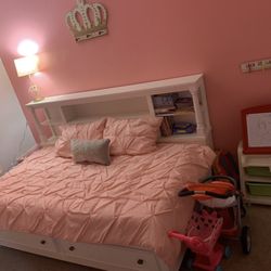  White Twin Bookcase Bed + Matching White Dresser – Great Condition